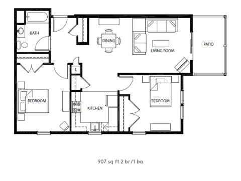 Floor plan for 2 beds, 1 bath, 1105 sqft
